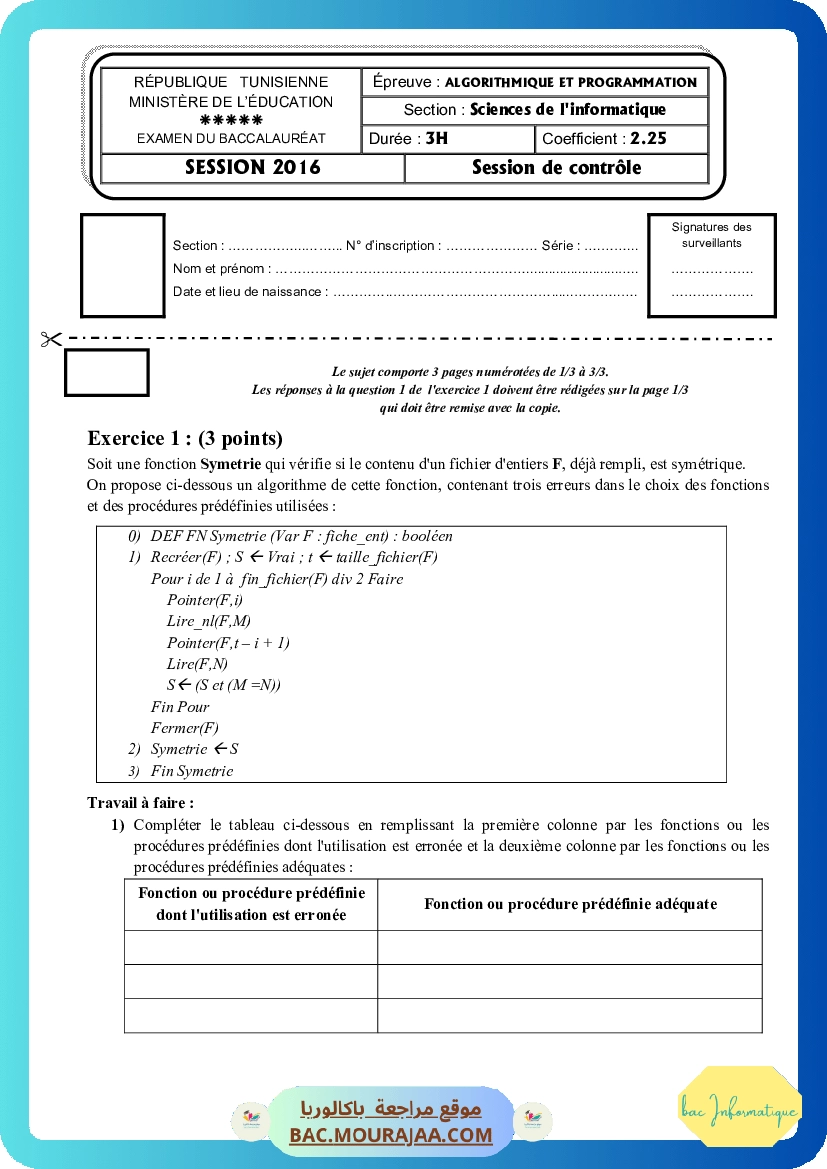 Corrigé controle algorithme Bac 2016 – Section info